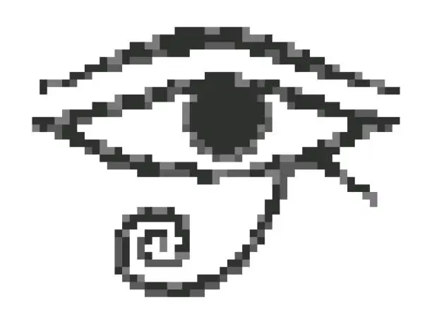 Vector illustration of Eye of Horus in pixel style. Pixelated Eye of Ra isolated on white background. The style of 8-bit retro games from the 80s and 90s. Design for app, banner and poster. Vector illustration