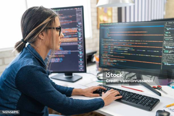 Female Freelance Developer Coding And Programming Coding On Two With Screens With Code Language And Application Stock Photo - Download Image Now