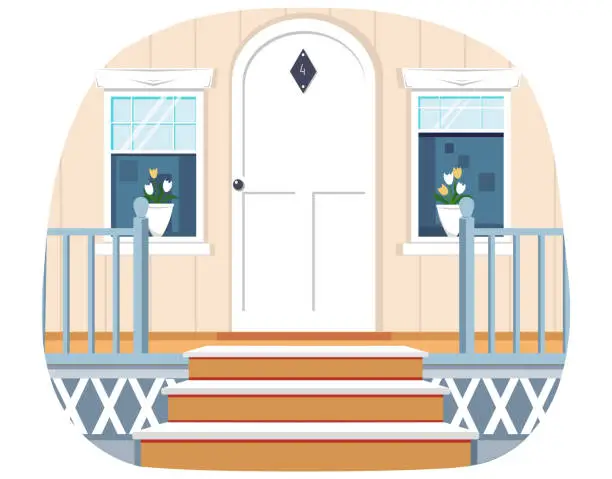 Vector illustration of Entrance to house decorated with wooden railing. Architectural detail of building fragment of facade