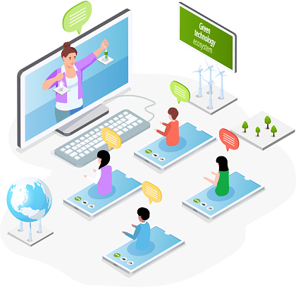 Collective virtual meeting or group video conference. Chatting by online videochat, videoconferencing and remote work with green technology. Online training, teacher conducts lesson via Internet