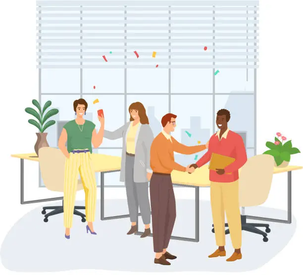 Vector illustration of Happy woman or girl businesswoman receives congratulations from their colleagues in office