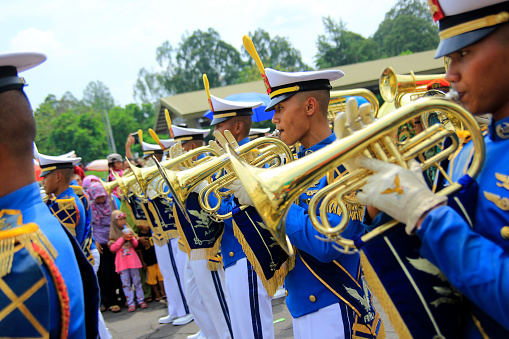 Yogyakarta, Indonesia, Dec 20, 2015. The marching band from the Air Force Academy performed to entertain residents at the Jogja Air Show week celebration.