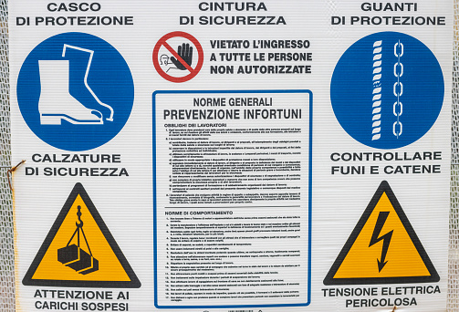 Guide to Preventing Accidents Warning Sign at Florence in Tuscany, Italy, with identifiable information on the road sign.