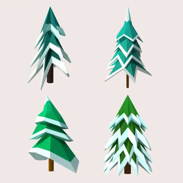 Vector illustration of Winter Christmas Trees with Snow Low Poly Set