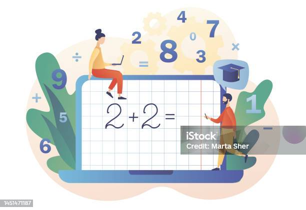 Tiny Math Picture Mathematic Class Arithmetic Symbols On Laptop Screen Tiny People ...