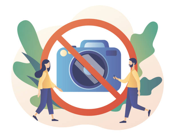 No photography icon. No pictures. Tiny people and red sign No camera. Modern flat cartoon style. Vector illustration on white background No photography icon. No pictures. Tiny people and red sign No camera. Modern flat cartoon style. Vector illustration no photographs sign illustrations stock illustrations