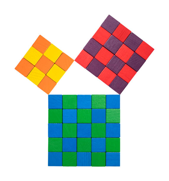 istock Pythagorean theorem, shown with subdivided colorful wooden cubes 1451471862