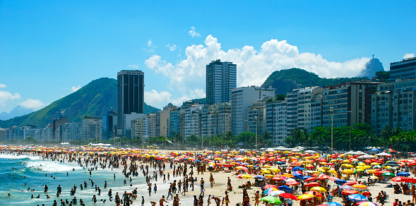 Copacabana beach in Rio de Janeiro, Brazil. Copacabana beach is the most famous beach of Rio de Janeiro, Brazil. Skyline of Rio de Janeiro