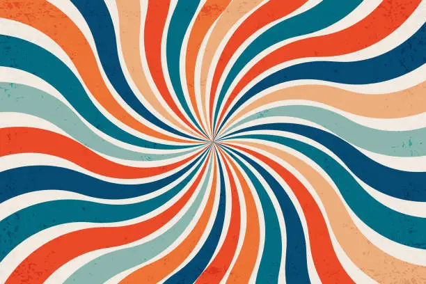 Vector illustration of Retro sun burst vintage background. Swirl wallpaper with grunge. Spiral rays circus illustration for banner, poster, frame and backdrop. Vector twisted design