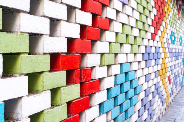Close up of the multicolored brick wall, selective focus