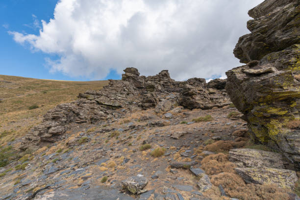rock formations on the side of a Sierra Nevada mountain, the rocks are gray in color, there are bushes, the sky has clouds