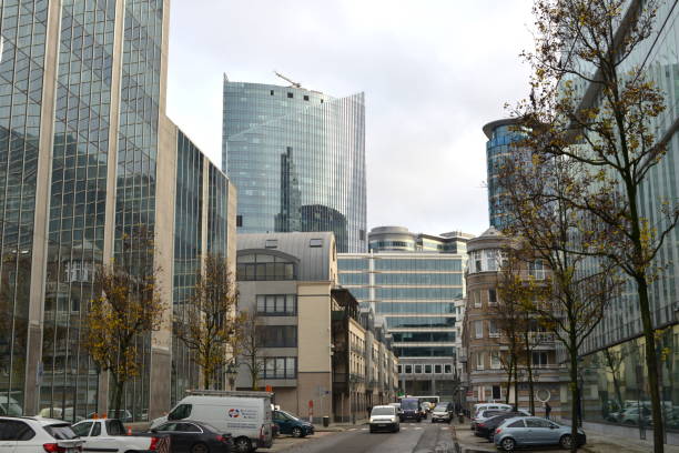 Brussels, Belgium - December 22, 2022: Georges Matheus street District with nickname Manhattan because they wanted to transform old residential in modern office towers like Manhattan in USA