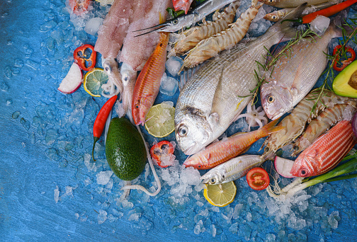High angle view of various fresh fish and seafood