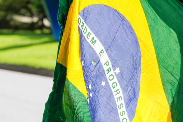 Brazilian flag outdoors on a sunny day in Rio de Janeiro, Brazil.