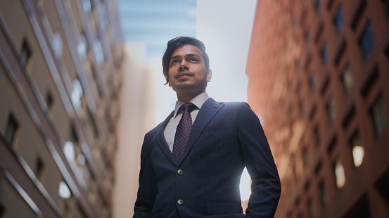 A portrait of a handsome Indian businessman in city.