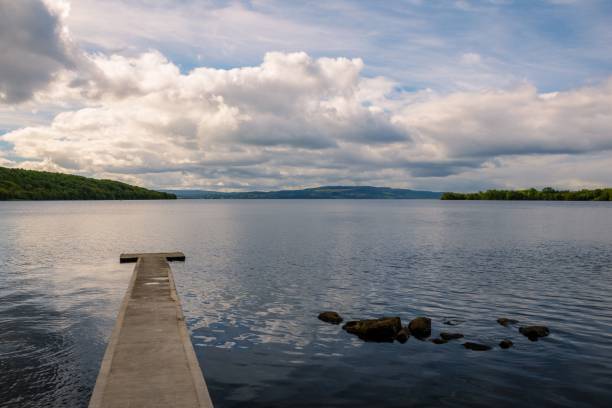 istock Aerial view of dock in lake surrounded by dense trees 1451504851