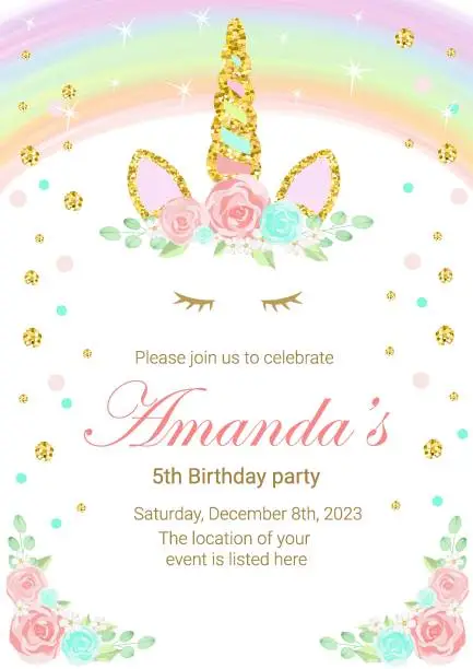 Vector illustration of Birthday party invitation with beautiful unicorn surrounded with glitter and flowers. Template vector illustration on pink background. Release clipping mask for full size objects.