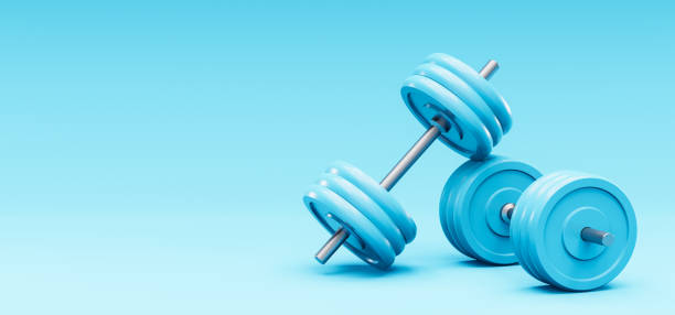 istock 3D render. Dumbbells placed in a weight rack on an blue background 1451514029