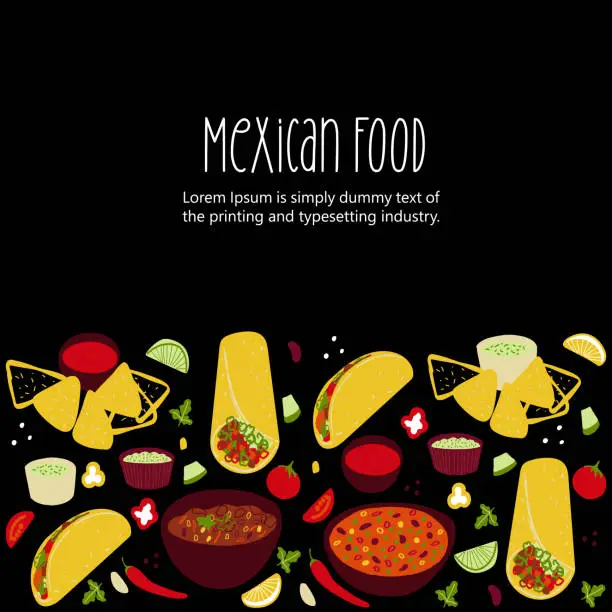 Vector illustration of Mexican food illustration Tacos, Burrito, Chili Con Carne, Nachos, Guacamole on black background