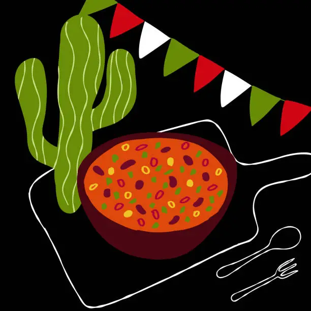 Vector illustration of Mexican food illustration Chili Con Carne on black background with cactus
