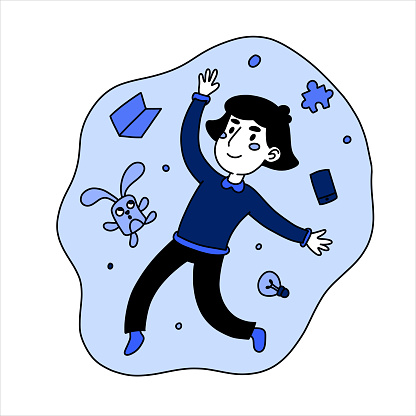 Boy in motivation. Laptop, lamp, phone, self-development, self-realization, achievement, idea. Vector illustration in blue color in flat style of the people on a white background