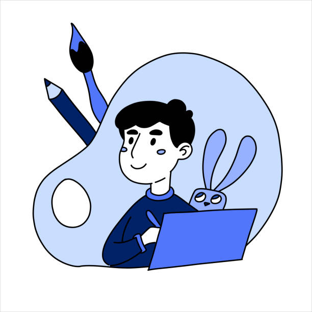 ilustrações de stock, clip art, desenhos animados e ícones de the boy with palette, brushes and paint. the guy is engaged in creativity, draw, pleasant and useful, inspiratio. vector illustration in blue color in flat style of the people on a white background - butterfly single flower vector illustration and painting