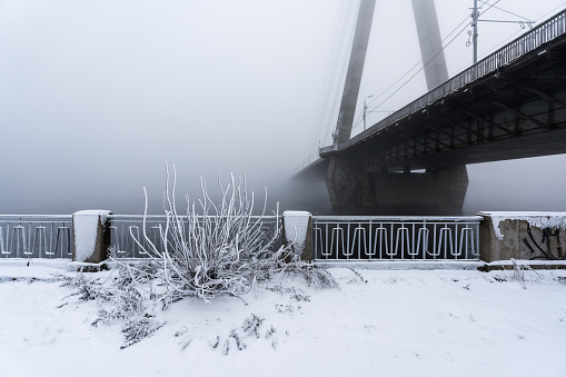 Daugava river embankment on a winter morning. A cable-stayed bridge in the background