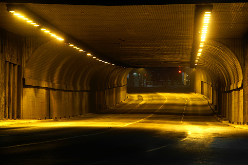 A tunnel “Terazijski” located in Belgrade city in Serbia, central Europe. Empty tunnel in the night.