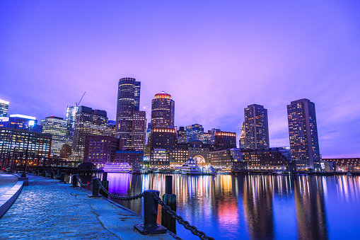 The beautiful and stunning Boston Waterfront shot at dusk.