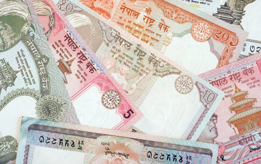 Nepalese rupees. Banknotes of 1, 2, 5, 10, 20, and 25 rupees.
