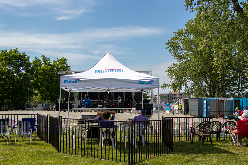 PETERBOROUGH, ONTARIO, CANADA - July 1, 2022: Sound check for The Spoons on Canada Day at Del Crary Park as part of the free MusicFest summer lineup