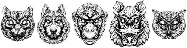 Vector illustration of Black and white hand drawn face of monkey, cat, dog, owl, pig. Vector illustration mascot art.