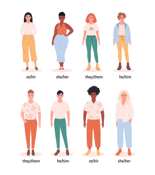 People with gender pronouns. She, he, they, non-binary. Gender-neutral movement. LGBTQ community. Hand drawn vector illustration People with gender pronouns. She, he, they, non-binary. Gender-neutral movement. LGBTQ community. Vector illustration lgbt history month stock illustrations