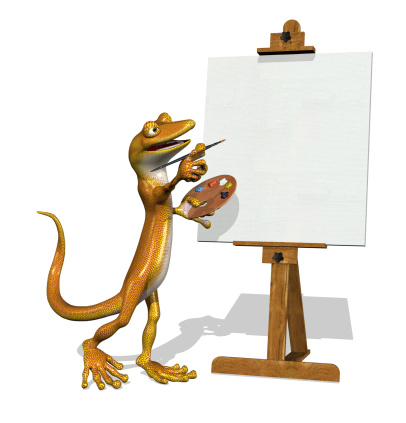 3d render of a cartoon gecko, who is starting to paint on a blank canvas.