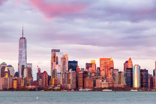 Dusk falls over the beautiful Lower Manhattan Skyline and Waterfront