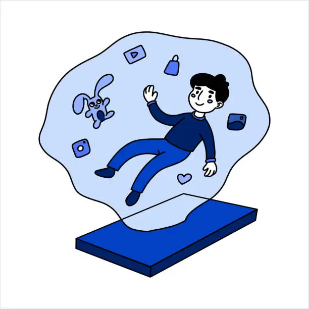 Vector illustration of Man in augmented reality. Hologram, metaverse, portal, artificial intelligence, vr helmet. Neural networks concept. Vector illustration in blue color in flat style of the people on a white background