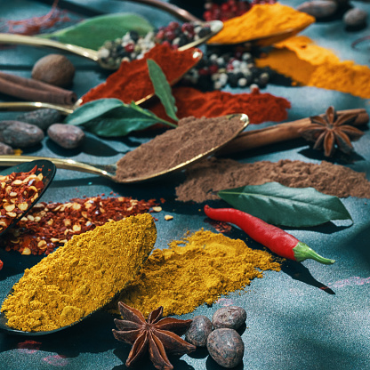 Variation of Spices Chili Powder, Cayenne Pepper, Turmeric, Cumin, and Mixed Pepper