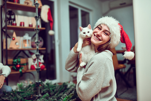 Smiling Female With Santa Hat And Her Cute Kitty Setting Up Christmas Tree