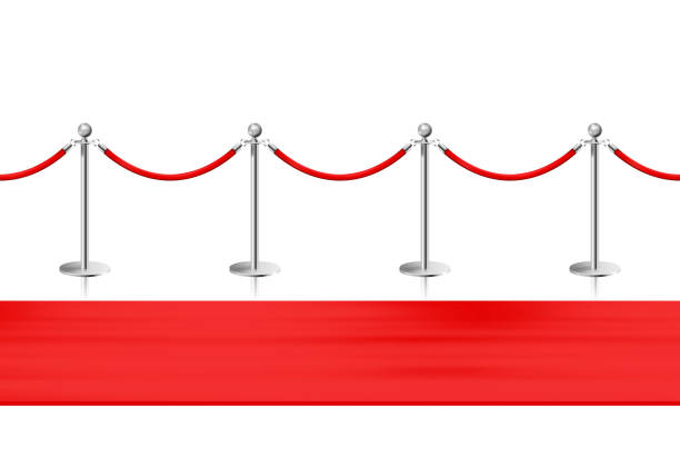 istock Red carpet and silvery barriers front view. Realistic isolated fence on white background. Illustration. 1451533428