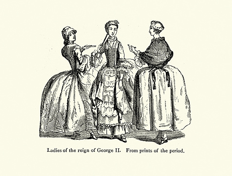 Vintage illustration Ladies of the reign of George II, 18th Century women's fashion, Large wide skirts, Period costume