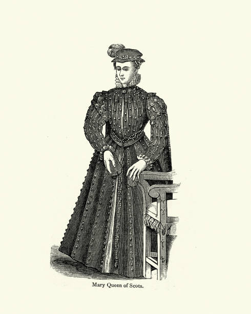 Mary Queen of Scots, Tudor women's fashion, period costume, dress, 16th Century vector art illustration