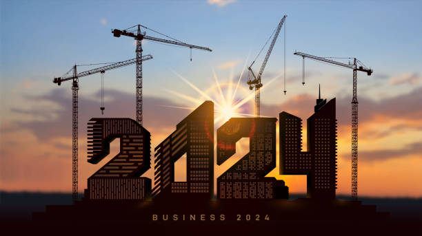 Silhouette construction cranes and houses in the form of numbers 2024. Large construction site, many construction cranes set vector numbers 2024. Construction team sets numbers for New Year 2024. vector art illustration