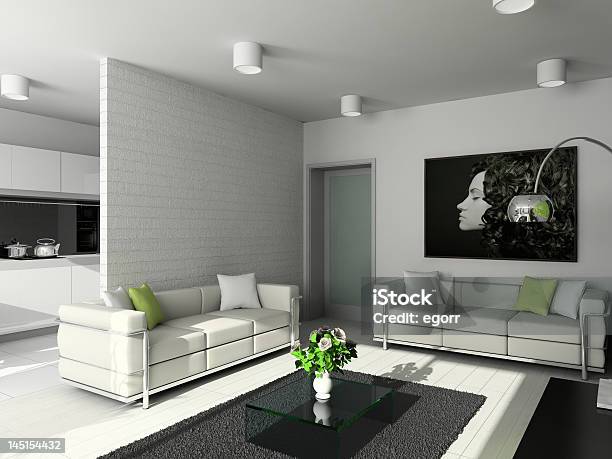 Modern Living Room In White And Green Accents Stock Photo - Download Image Now - Apartment, Architecture, Armchair