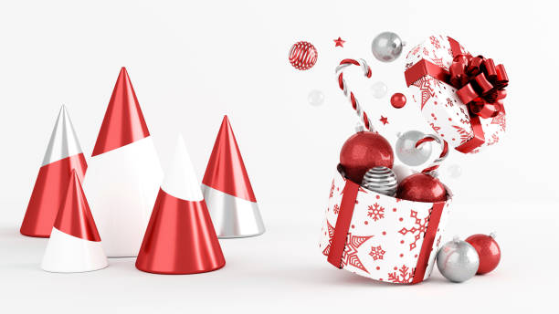 istock Modern White, Red And Silver Christmas Open Gift Box With Trees - 3D Illustration 1451544507