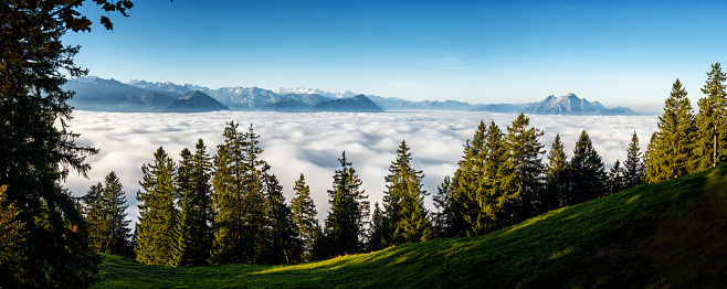 Swiss mountain range panorama view with Mountain Pilatus, Eiger, Mönch and Jungfrau over Lake Lucerne unter a sea of fog seen from Mount Rigi