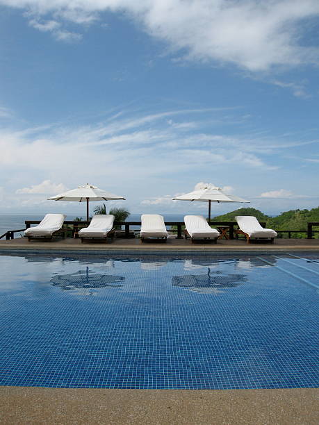 A tranquil oasis surrounded by lush gardens, offering sweeping views of the city skyline