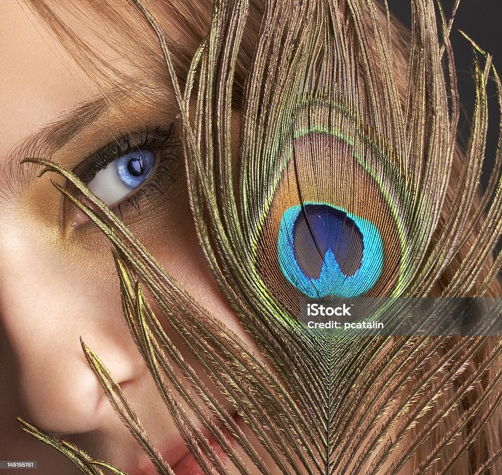 Blaues Auge versteckt unter peacock feather - Lizenzfrei Ellipse Stock-Foto