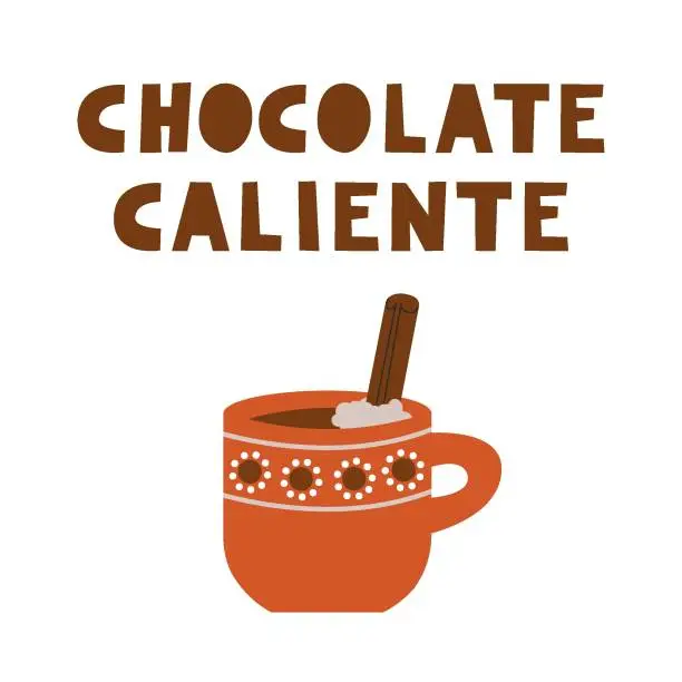 Vector illustration of Mexican hot chocolate caliente. Latin American traditional cocoa drink in a mug, with cinnamon stick. Folk art design of clay barro cup. Vector flat isolated illustration.