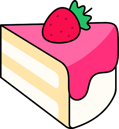 A piece of Vanilla Strawberry Cake tilted slightly upward Dessert Icon Element illustration colored outline