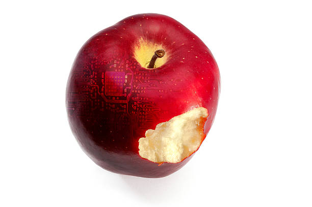 Biotech Food (Clipping Path Provided) A bitten apple, with an electronic texture overimpose. Image isolated, clipping path provided if you prefer to eliminate the shadows in the background. apple with bite out of it stock pictures, royalty-free photos & images